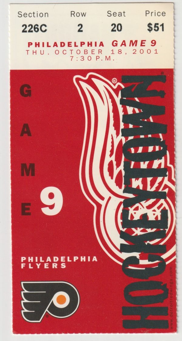 2001 Red Wings ticket stub vs Flyers Oct 18 Robitaille Hull Roenick