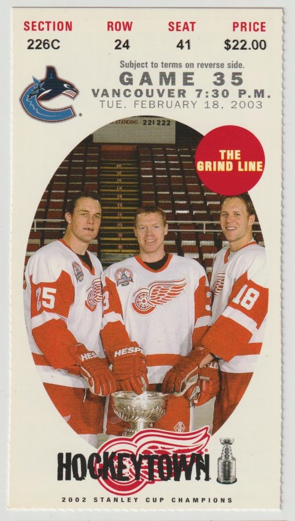 2003 Red Wings Ticket Stub vs Canucks Feb 18 Luc Robitaille