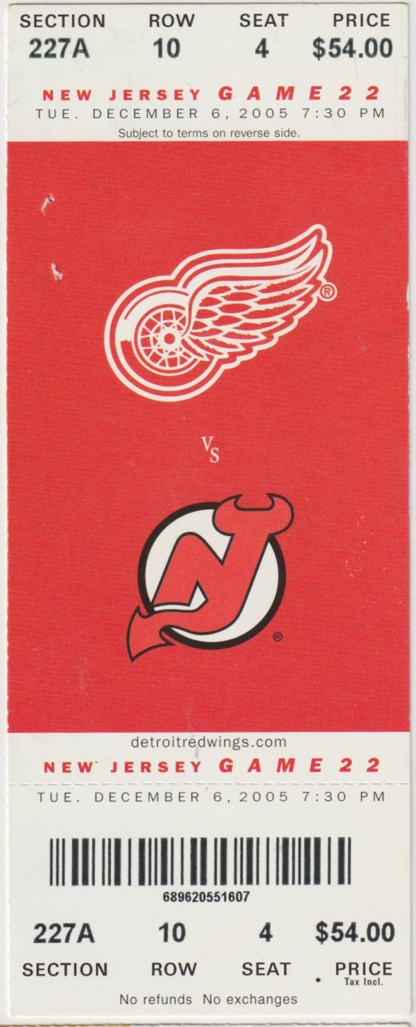 2005 Red Wings Full Ticket vs Devils Dec 6 Steve Yzerman