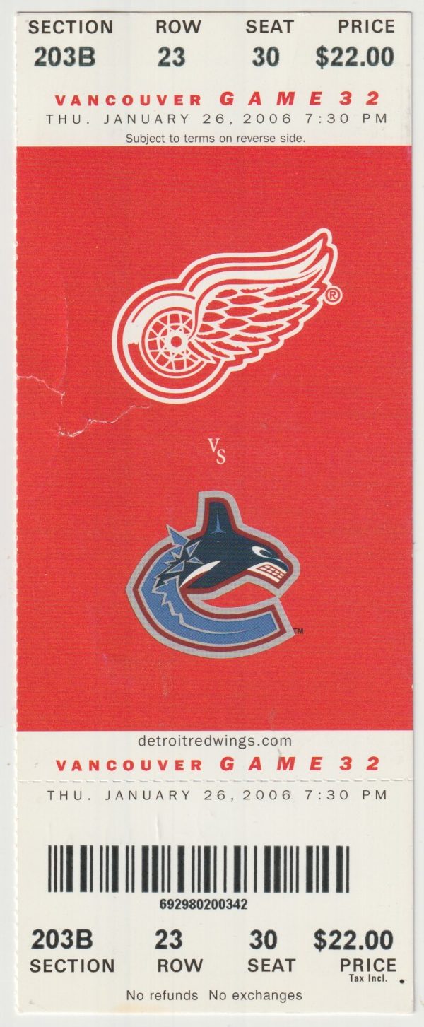 2006 Red Wings Full Ticket vs Canucks Jan 26 Brendan Shanahan