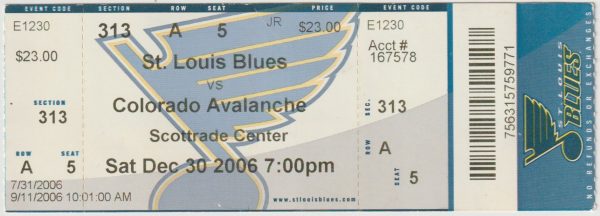 2006 St. Louis Blues Ticket Stub vs Avalanche Dec 30 Keith Tkachuk