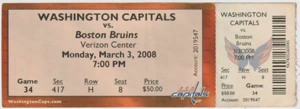 2008 Alex Ovechkin Hat Trick Ticket Capitals Bruins Mar 3