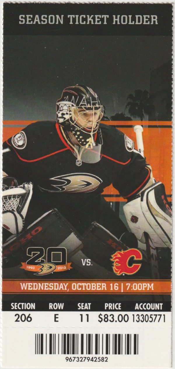 2013 Ducks unused ticket vs Flames Oct 16 Teemu Selanne