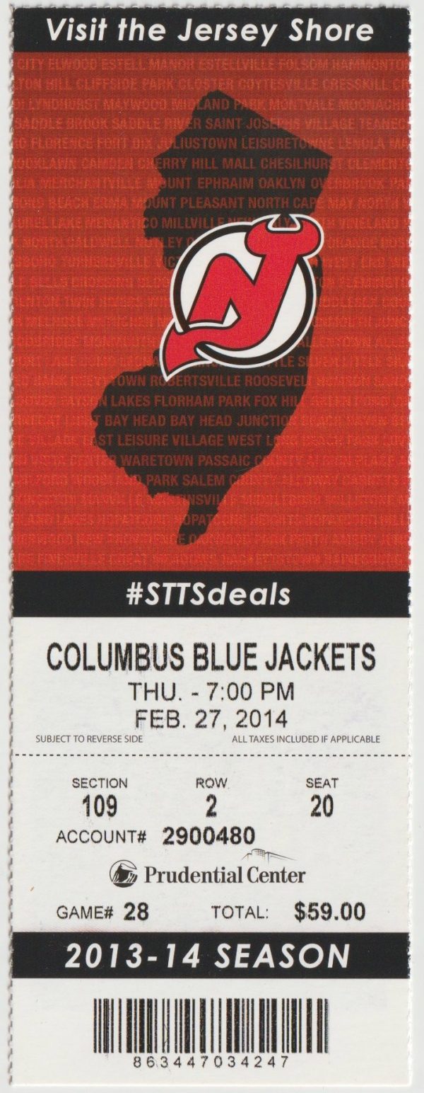 2014 Devils Full Ticket vs Blue Jackets Feb 27 Jaromir Jagr Goal