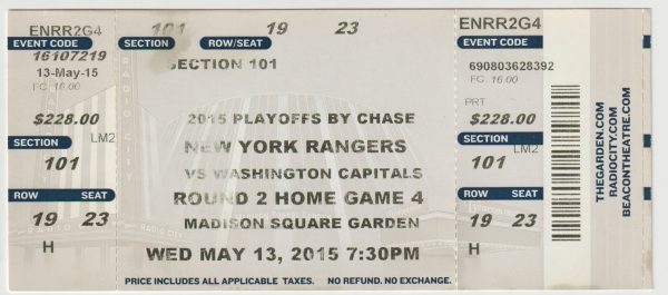 2015 Rangers Playoffs Ticket Stub vs Capitals May 13 Alex Ovechkin