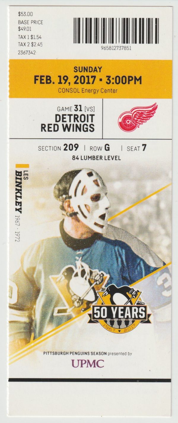 2017 Penguins Full Ticket vs Red Wings Feb 19 Sidney Crosby