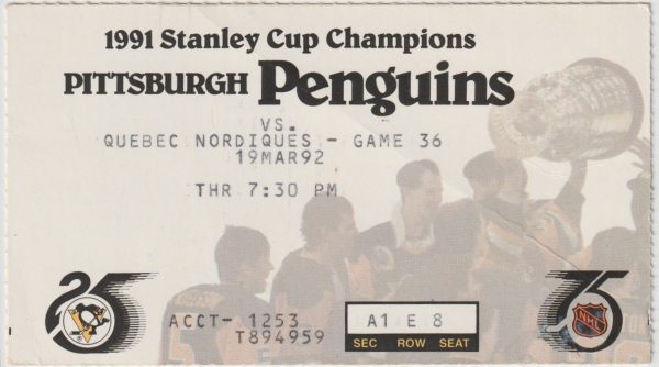 1992 Penguins Ticket Stub vs Nordiques Mar 19 Lemieux Jagr 2 G each