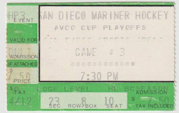 WHA San Diego Mariners Playoff ticket stub Game 3