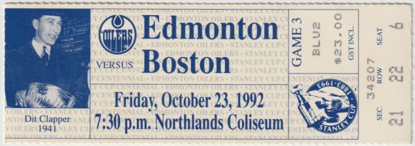 1992 Oilers ticket stub vs Boston Oct 23 Ray Bourque G