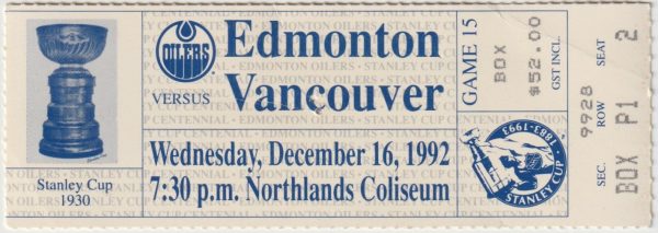 1992 Oilers ticket stub vs Canucks Dec 16 Craig MacTavish