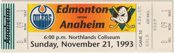 1993 Oilers Full Ticket vs Mighty Ducks Nov 21 Craig MacTavish