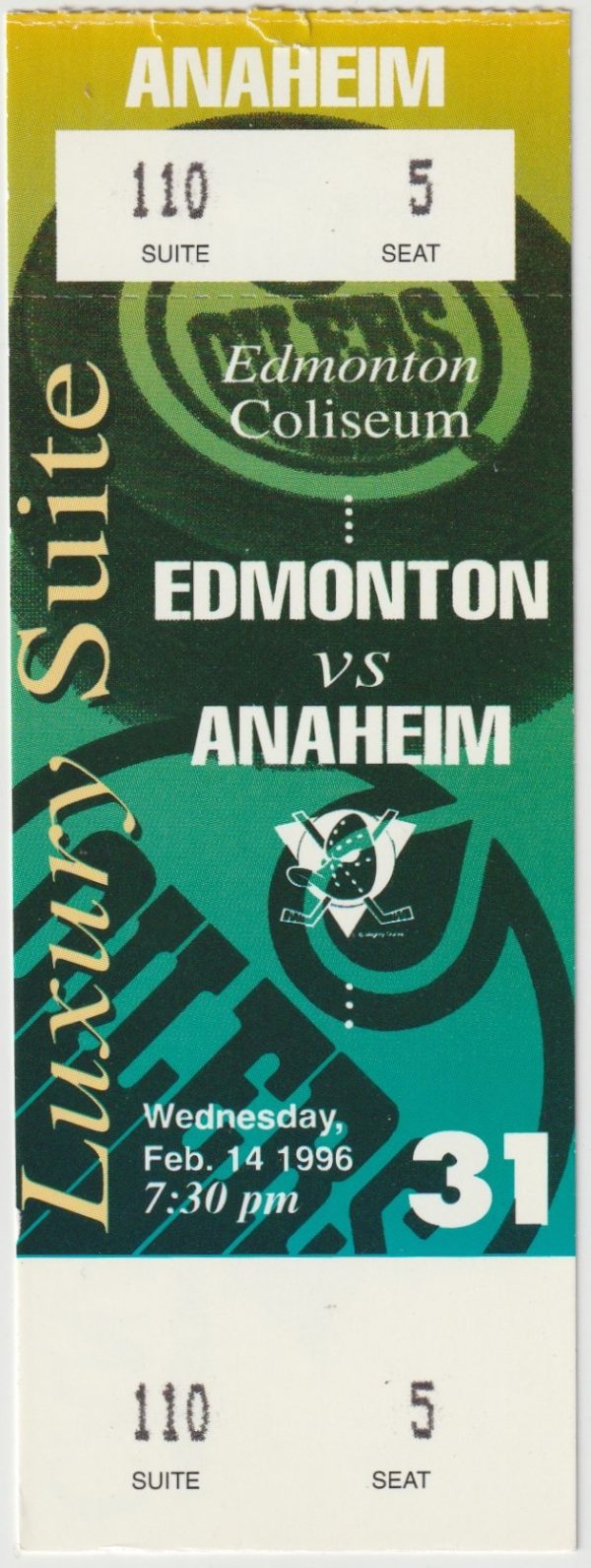 1996 Oilers Ticket Stub vs Ducks Feb 14 Glenn Anderson